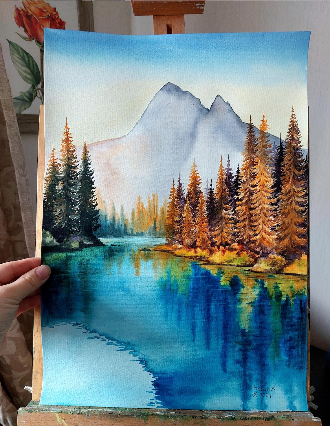 Emerald Lake Mountain Forest Watercolor Art Print - Image 2