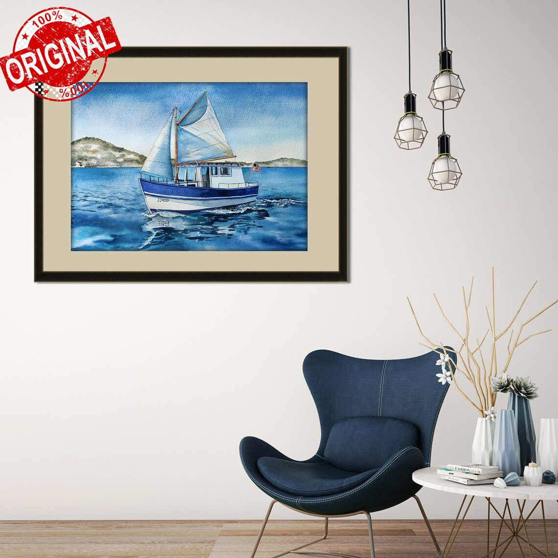 Sailboat JJ420 Under Sail on Bright Blue Sea Watercolor Poster - Image 2