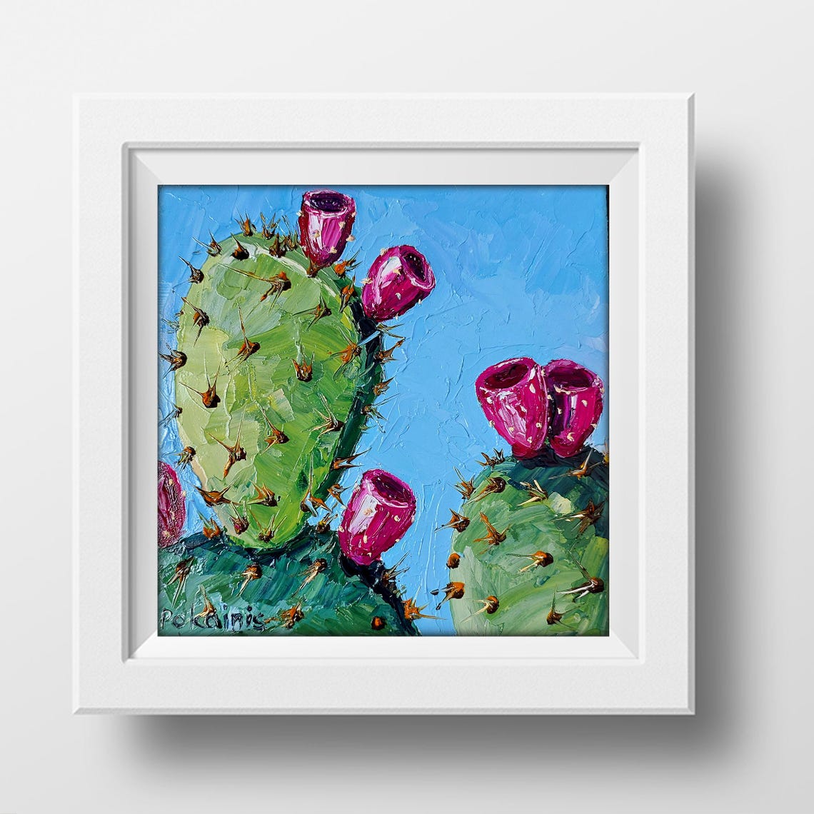 Prickly Pear Oil Painting Poster Magenta Fruit Buds Blue Sky - Image 2