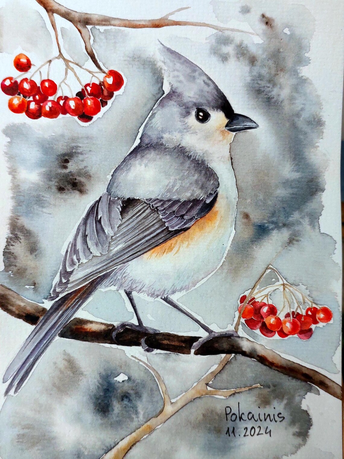 Tufted Titmouse on Berry Branch Watercolor Songbird Art Poster