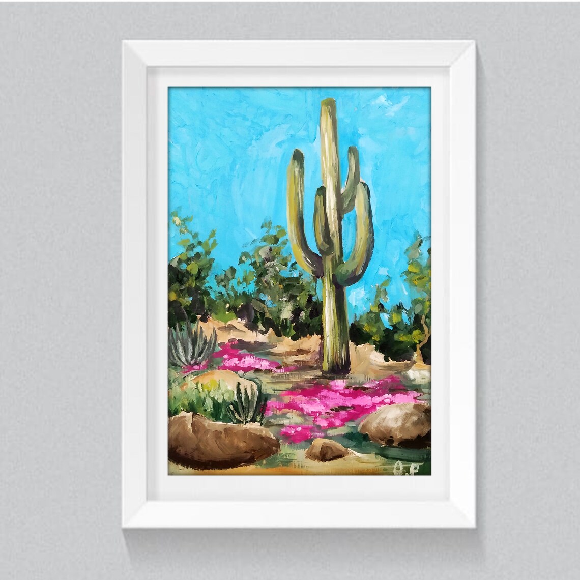 Saguaro Cactus in Blooming Desert Original Oil Landscape Poster - Image 5