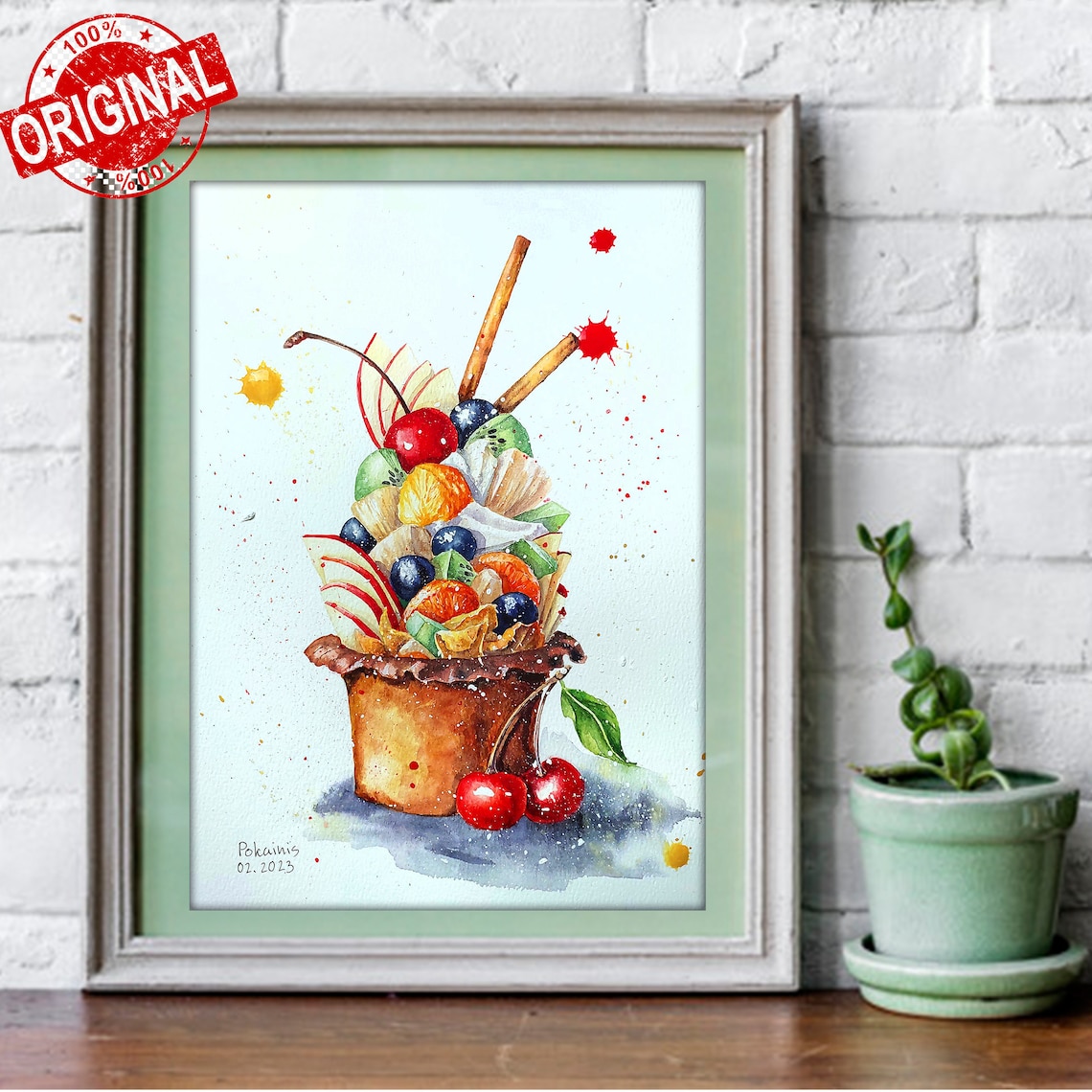 Fruit Cup with Apples Berries Kiwi Cherry Dessert Watercolor Poster - Image 5