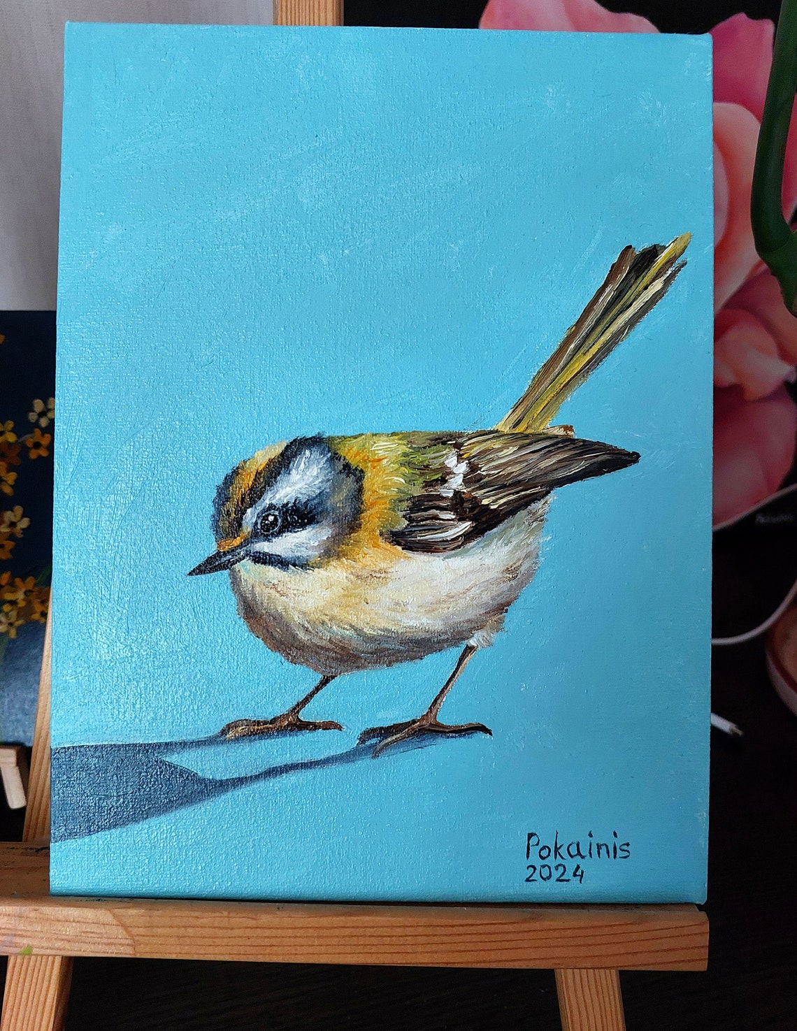 Tiny Songbird with Striped Crown Turquoise Oil Portrait Poster - Image 5