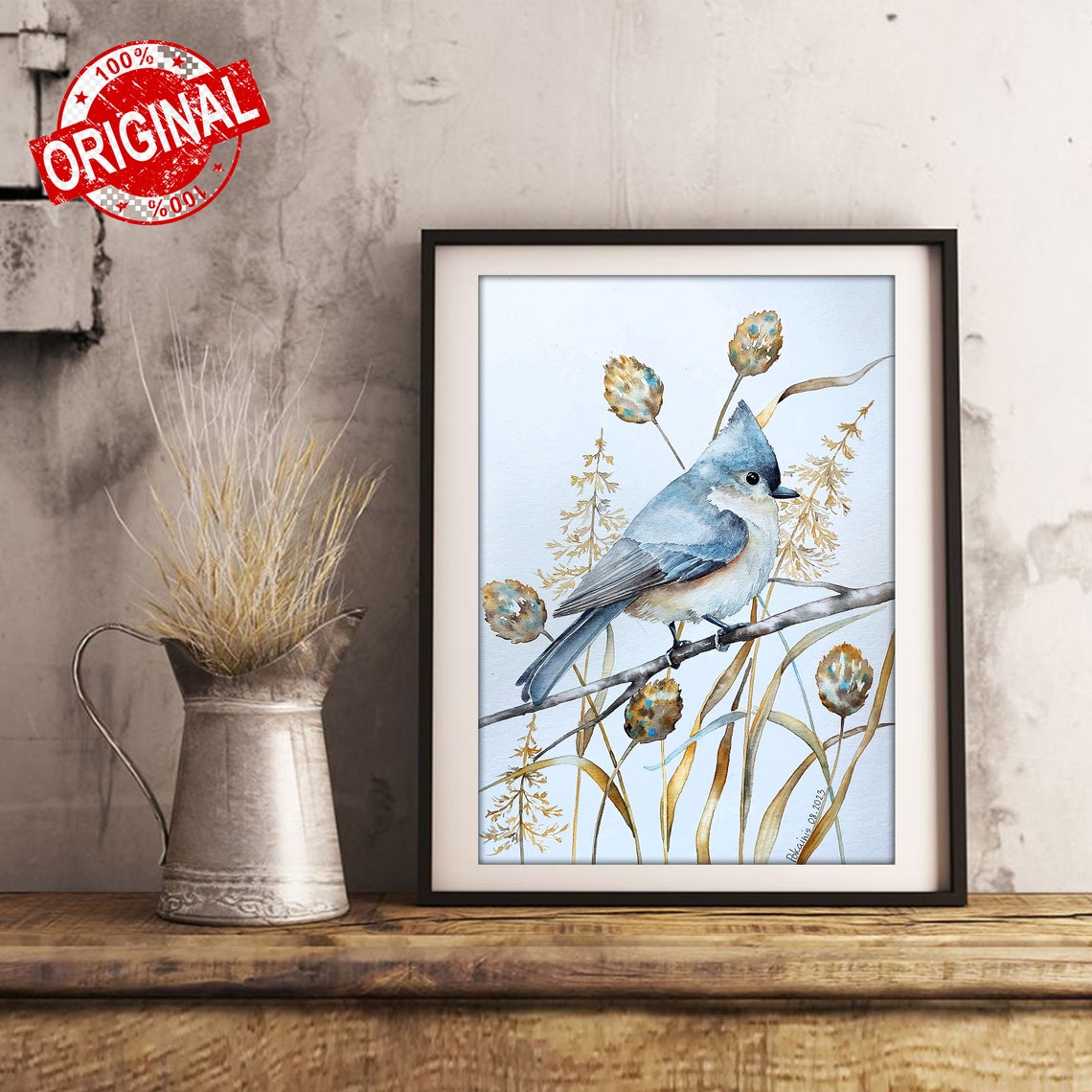 Tufted Titmouse Watercolor Bird Poster Perched Among Seed Heads - Image 2