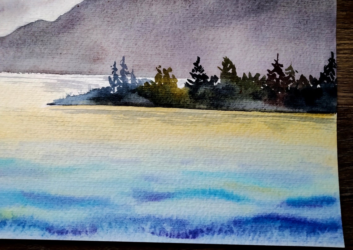 Lake Watercolor Original Painting Mountain Wall Art Sunset Painting Watercolor Cloud Artwork Navy Blue Wall Art Lake House Gift - Image 2