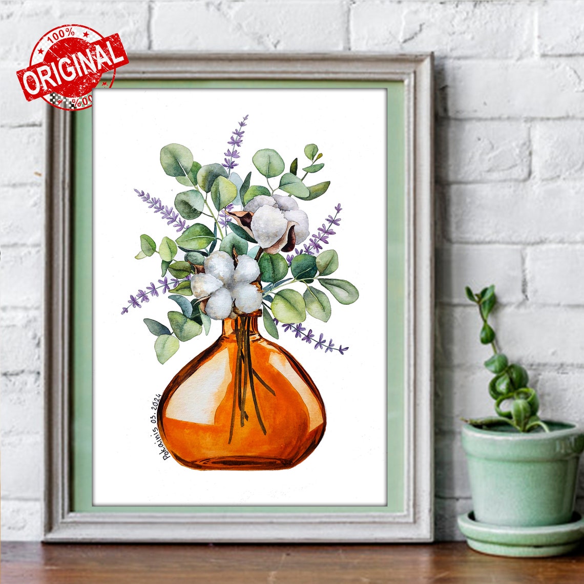 Cotton Eucalyptus Lavender Bouquet in Amber Vase Watercolor Poster - Image 3