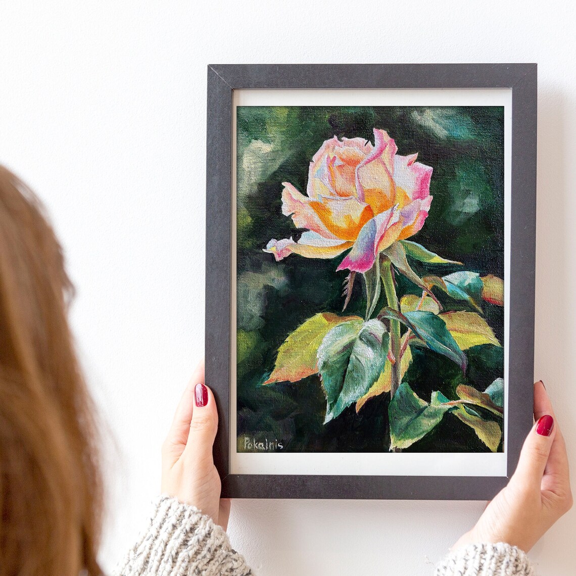 Yellow Pink Rose Oil Painting Sunlit Garden Flower Close Up Poster - Image 4