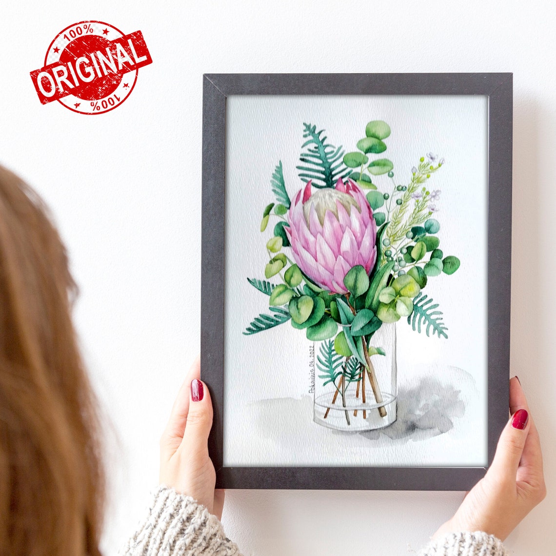 Pink King Protea Watercolor Poster In Glass Vase With Greenery - Image 4