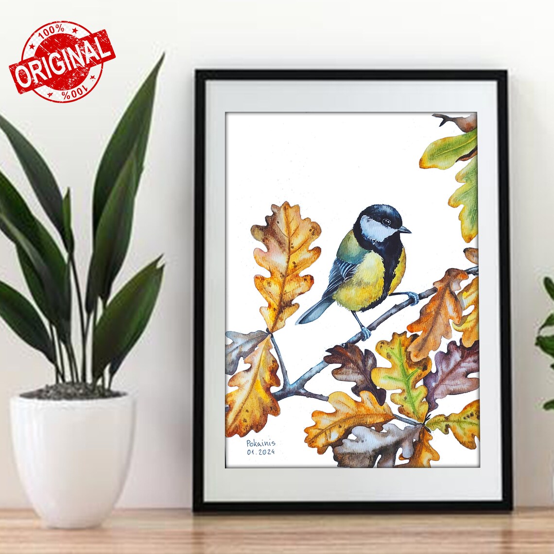 Great Tit Watercolor Bird Poster Perched On Autumn Oak Branch - Image 4