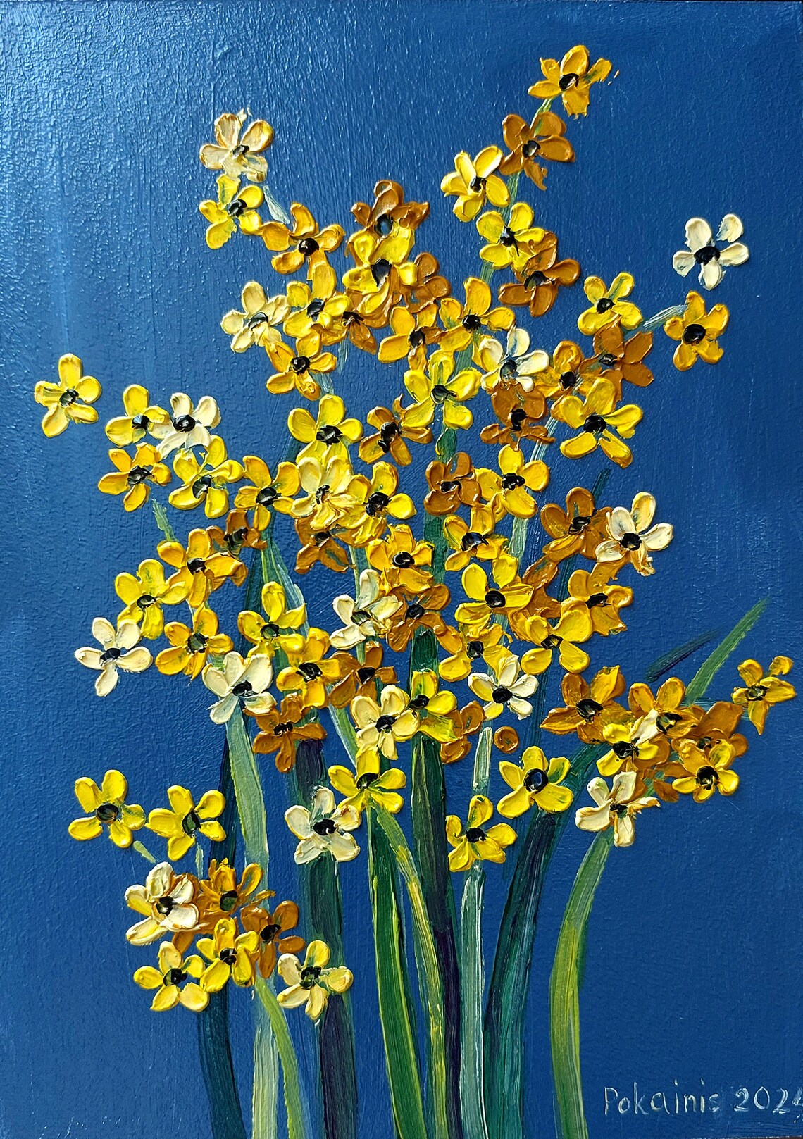 Yellow Wildflowers Impasto Oil Painting Poster On Navy Background