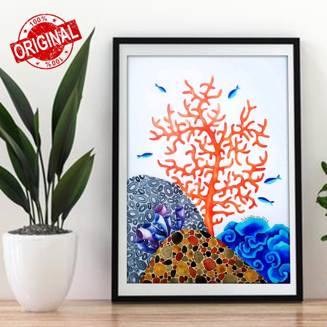 Coral Reef with Purple Sea Sponges and Pebbles Watercolor Poster - Image 2