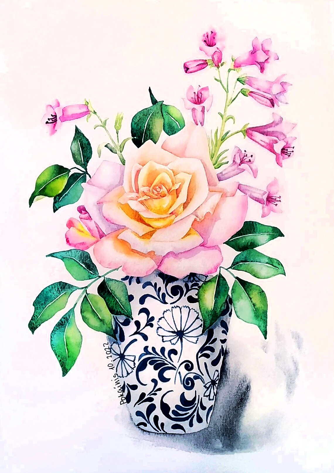 Peach Rose in Blue Chinoiserie Vase Watercolor Floral Poster