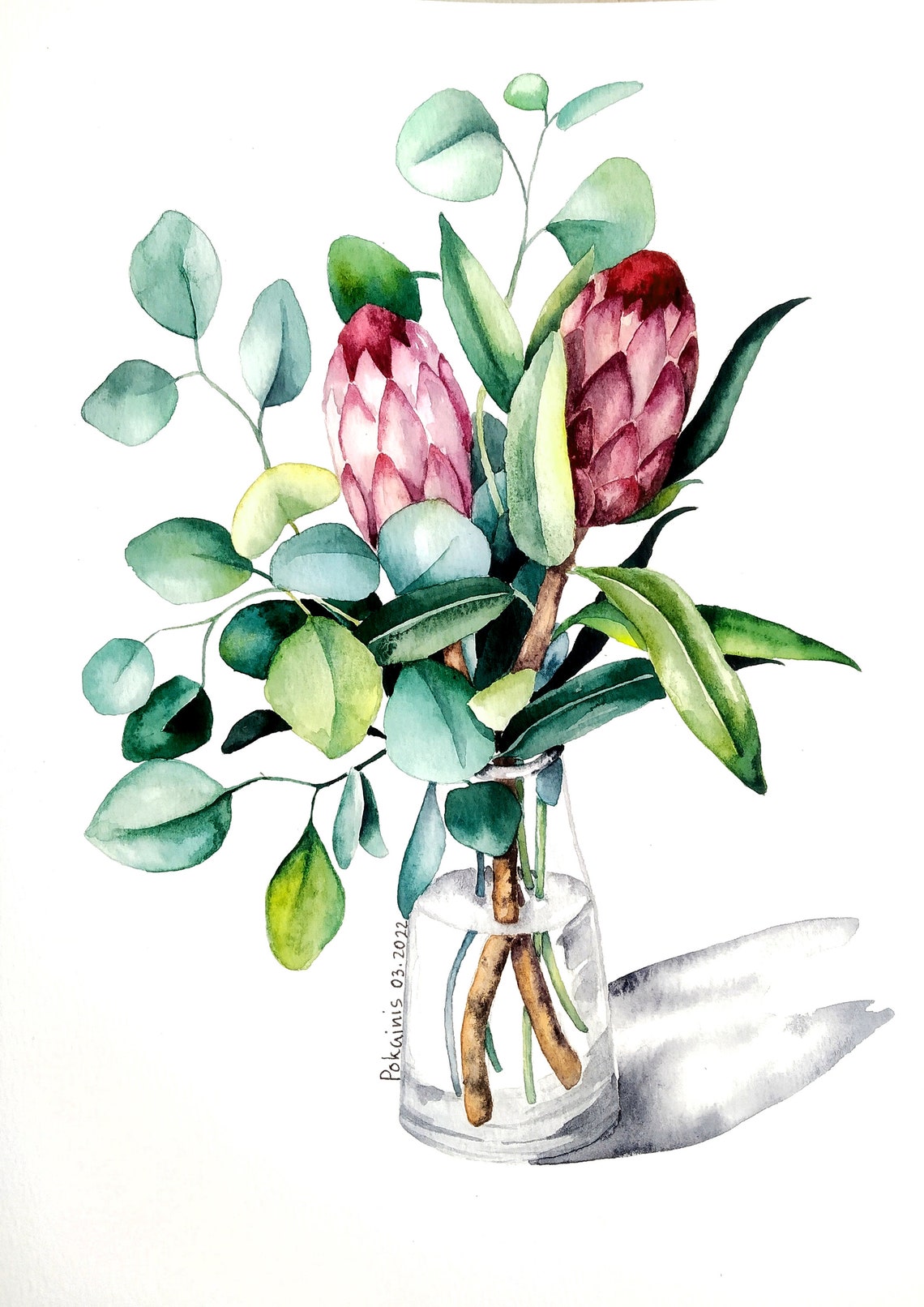 Pink Protea Watercolor Poster With Eucalyptus In A Glass Vase