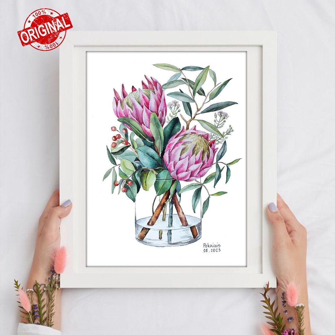 Pink Protea Flowers Arranged in Glass Vase Watercolor Wall Art - Image 2