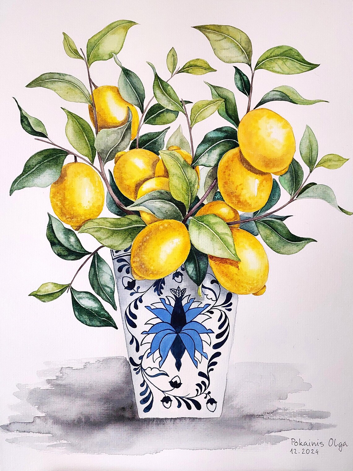 Ripe Lemons on Branches in a Blue and White Floral Vase Poster