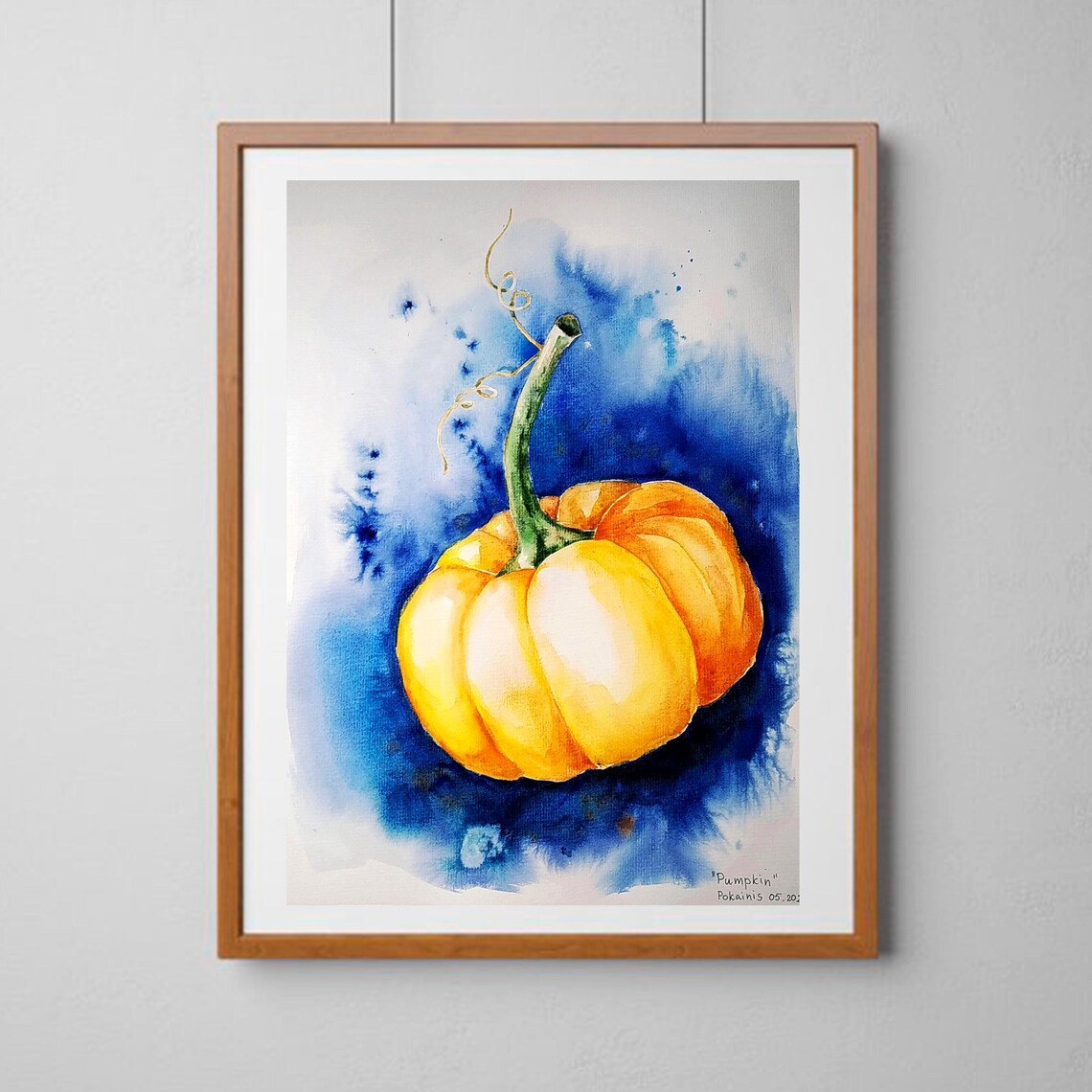 Single Glowing Orange Pumpkin on Blue Watercolor Still Life Poster - Image 3