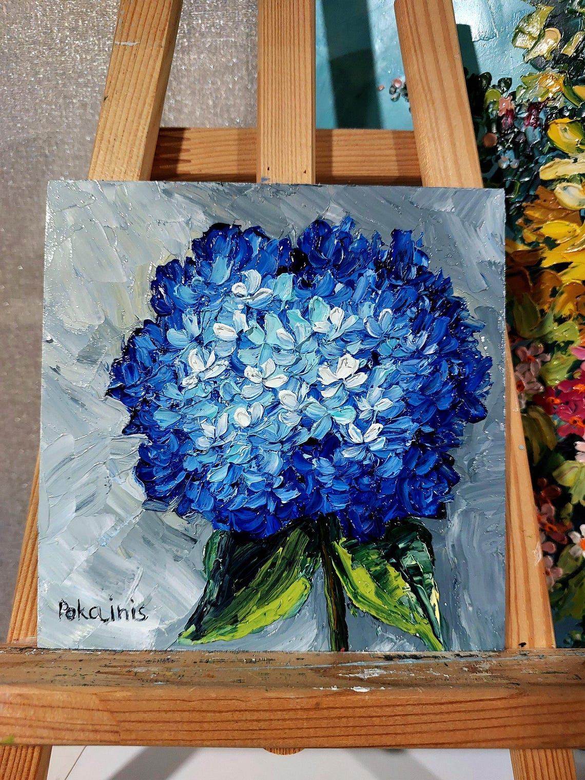 Single Blue Hydrangea Head Cobalt White Thick Impasto Poster