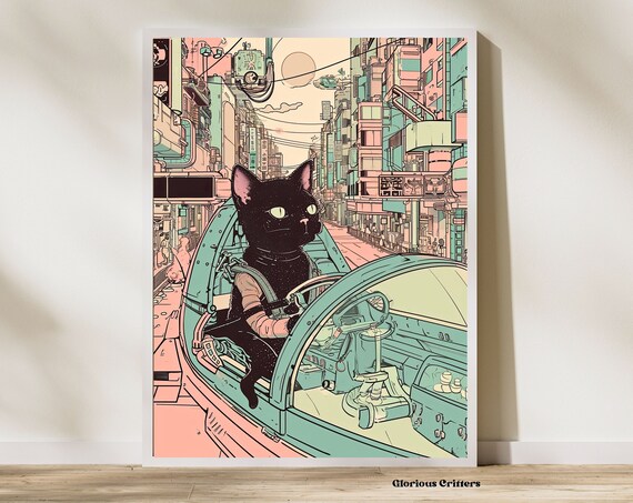 Black Cat Pilot Flying Futuristic Vehicle Cyberpunk City Poster