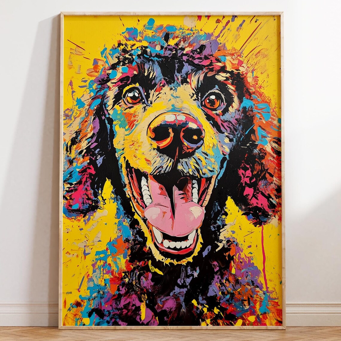 Happy Poodle Tongue Out Yellow Background Pop Art Dog Portrait Poster