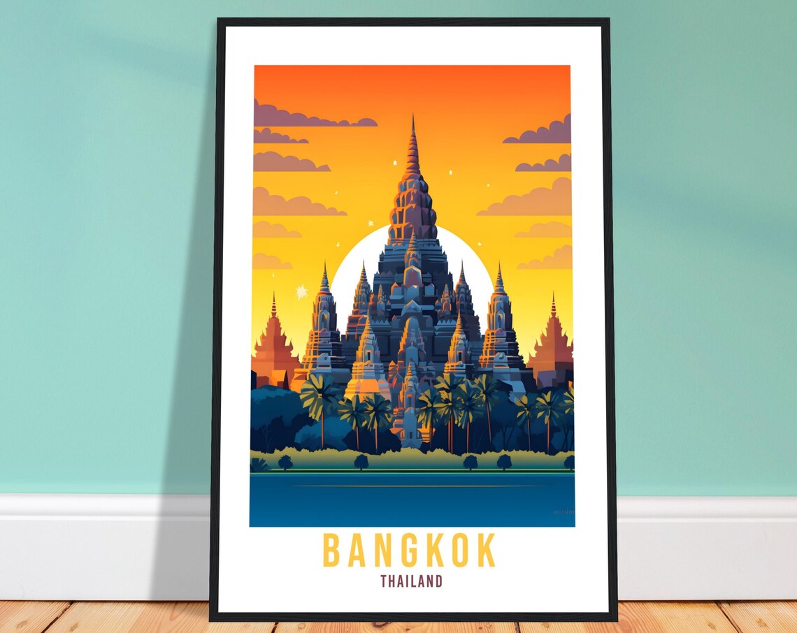 Bangkok Thailand Blazing Sunset Temple Spires Silhouette Poster