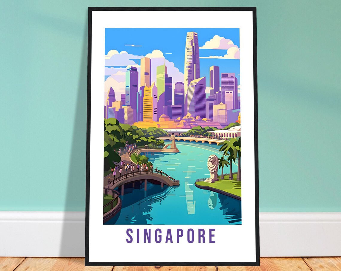 Singapore Marina Bay Merlion Skyline Waterfront Scenery Poster