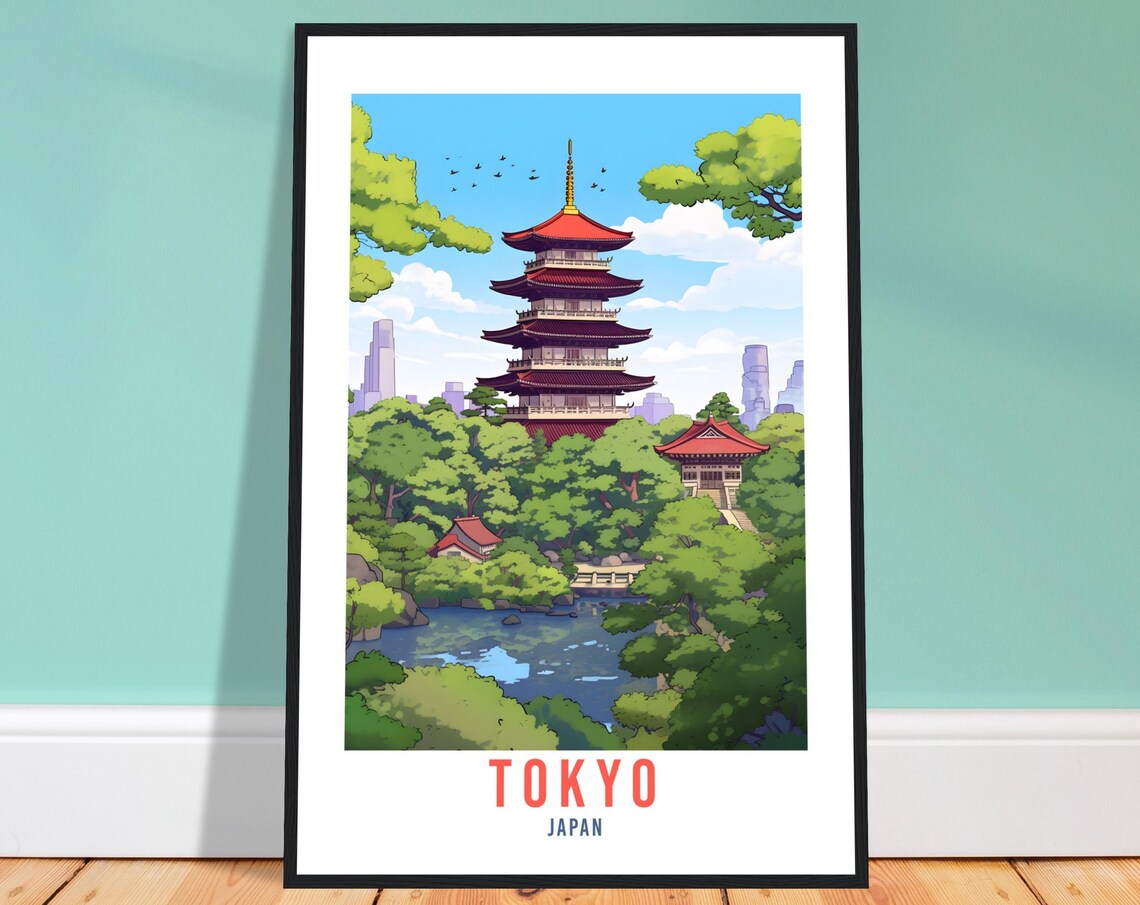 Tokyo Japan Vintage Five Story Pagoda Garden Temple Travel Poster