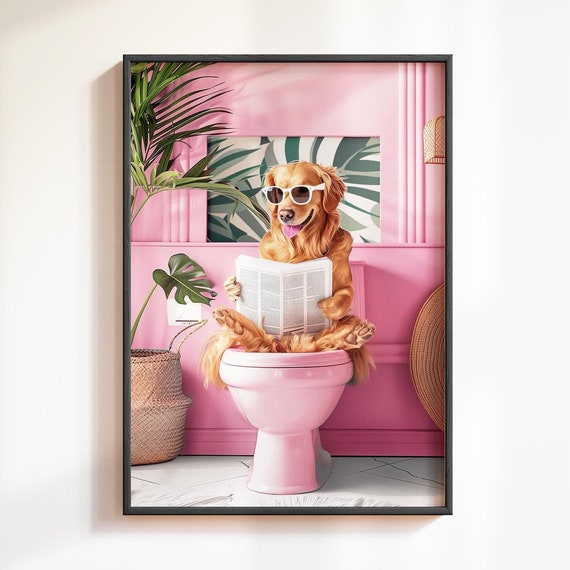 Golden Retriever On Toilet Bathroom Print Golden Retriever Prints Golden Retriever Art Funny Dog Print Bathroom Decor Bathroom Wall Art