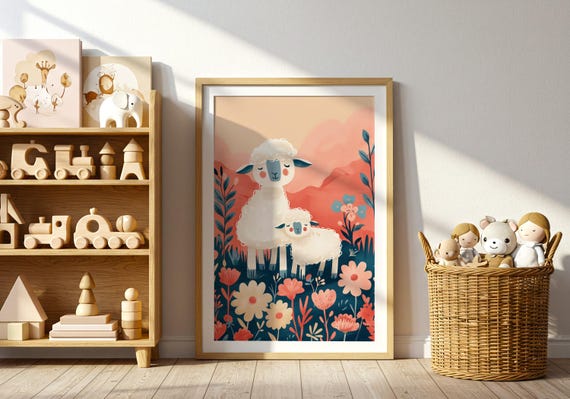 Sheep And Lamb Nursery Art Print Whimsical Floral Illustration