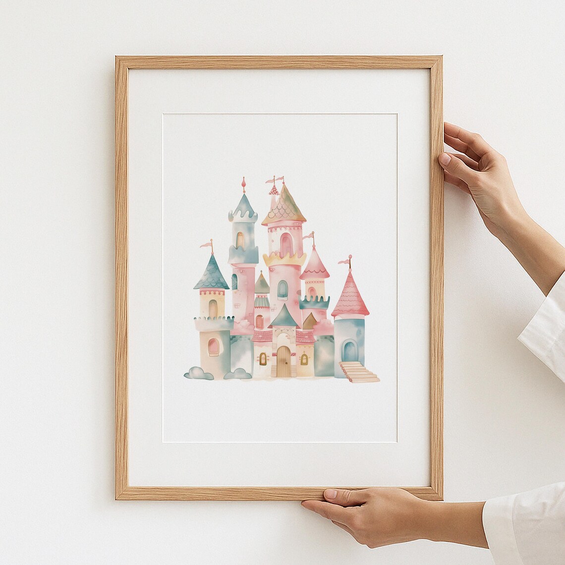 Pink Princess Castle Watercolor Nursery Fairytale Pastel Girls Poster