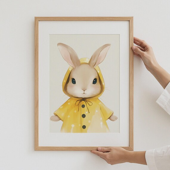 Bunny in a Yellow Raincoat Cute Kids Animal Nursery Art Poster