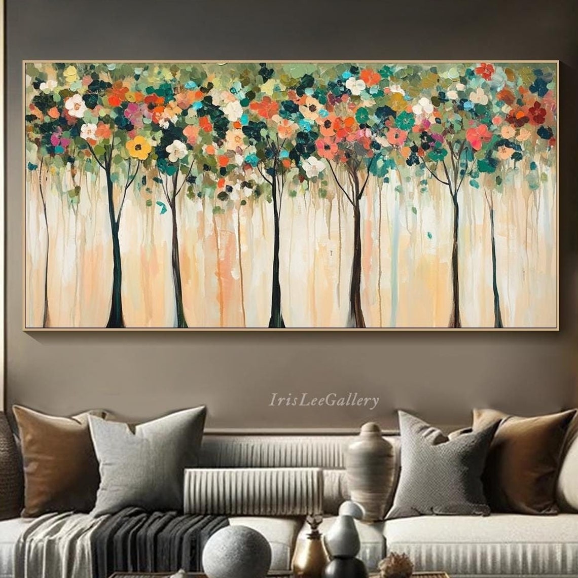 Colorful Blossom Tree Row Abstract Textured Nature Painting Wall Art