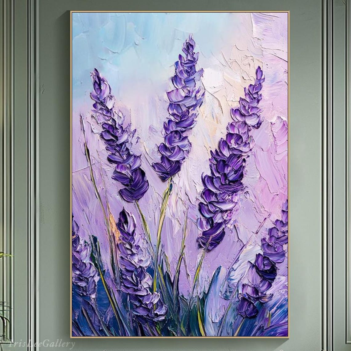 Purple Lavender Stalks Impasto Textured Botanical Vertical Art Poster