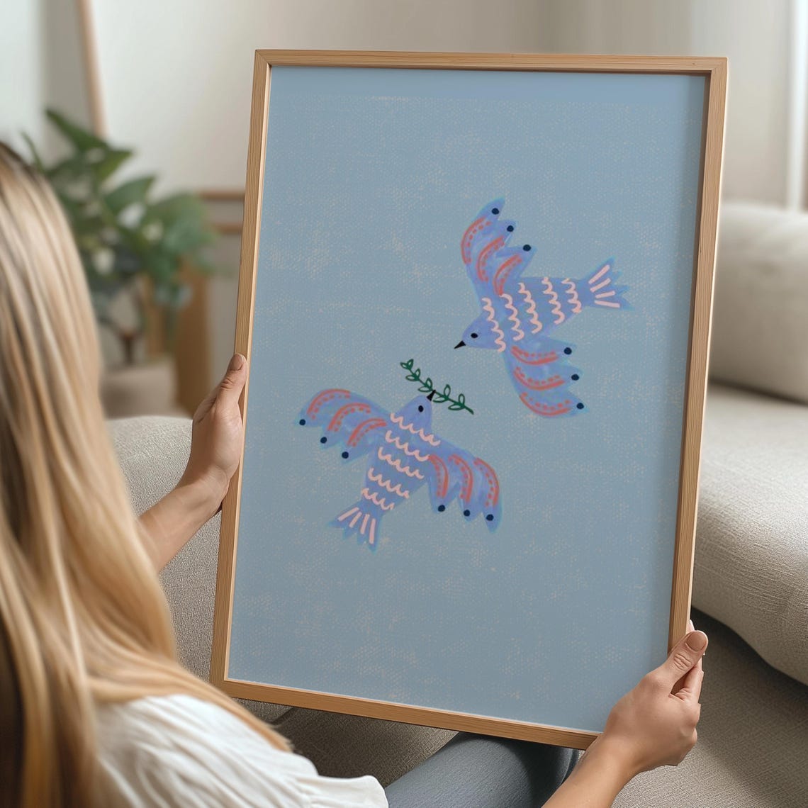 Birds Nursery Wall Art Peaceful Poster Modern Kids Room Decor Blue Illustration Instant Print
