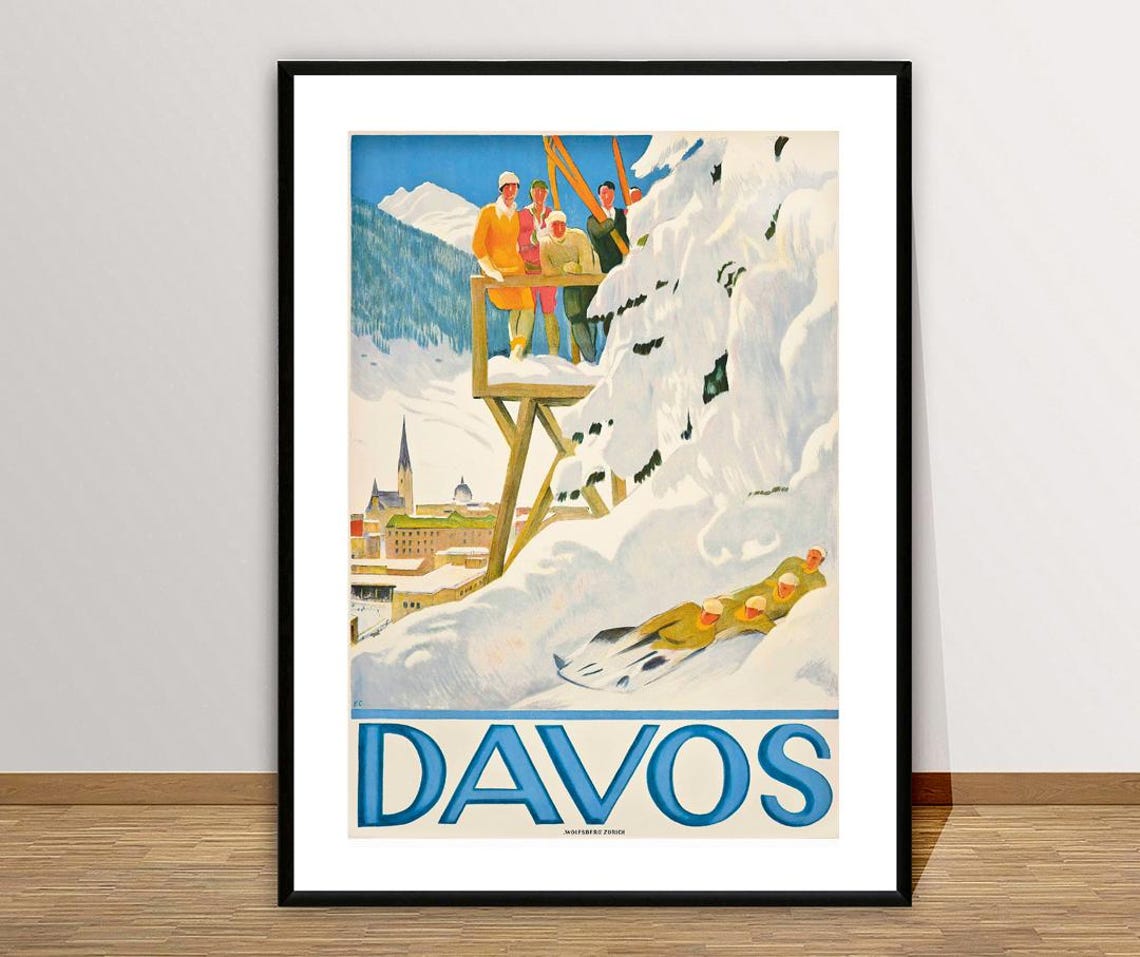 Davos Switzerland Vintage Winter Sports Ski Bobsled Travel Poster - Image 2