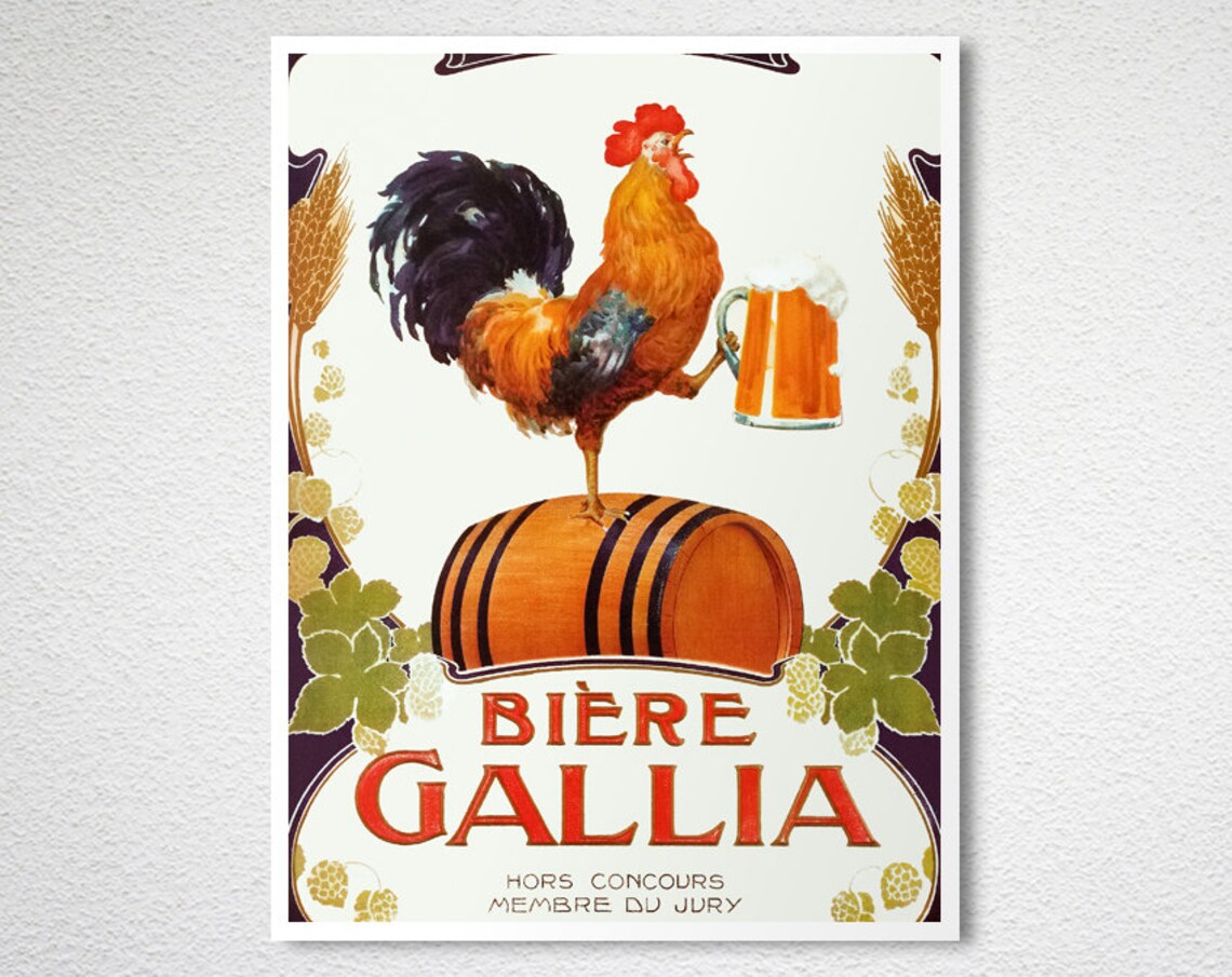 Vintage Biere Gallia Beer Poster Proud Rooster French Brewery Art - Image 2