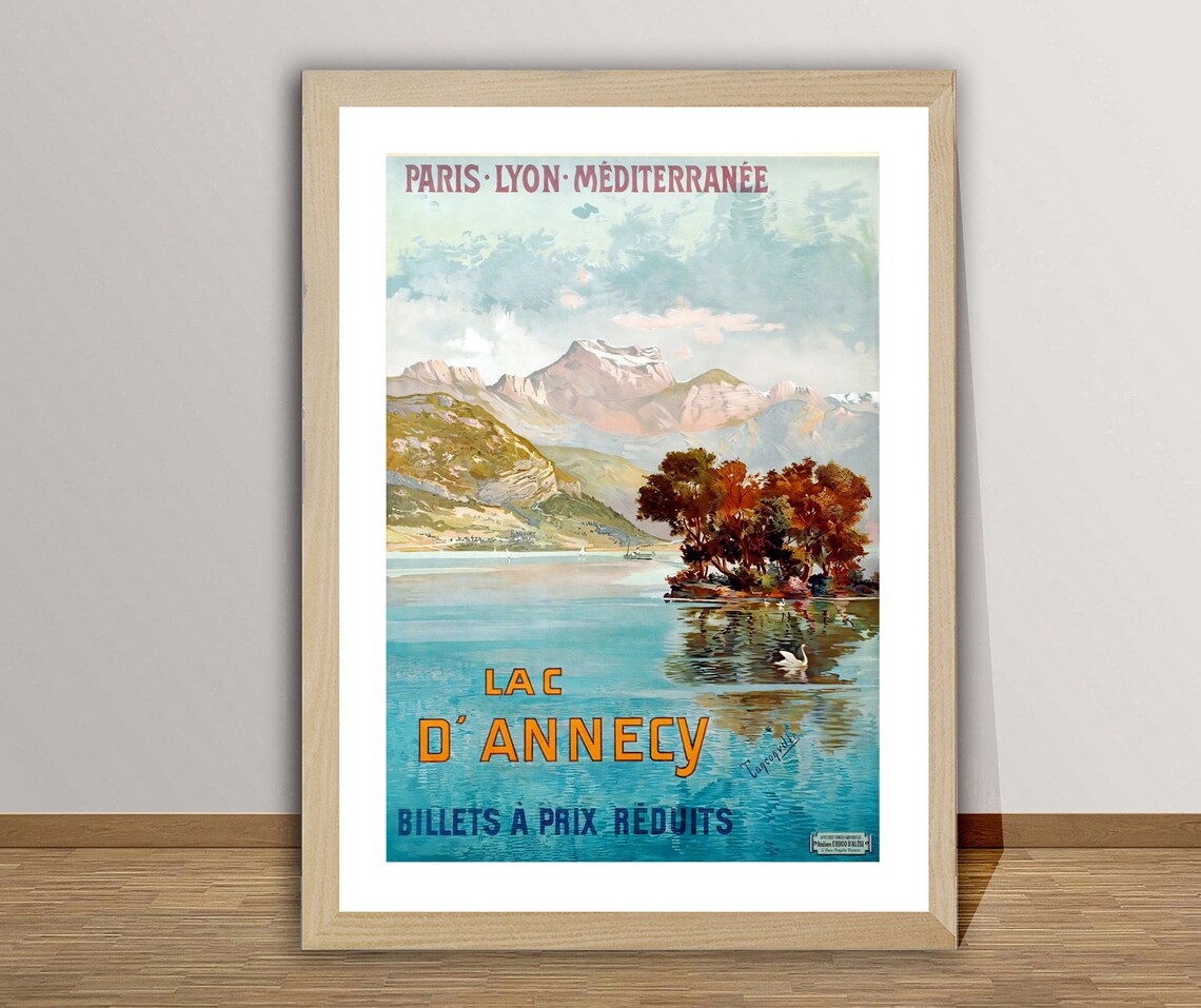 Lac D Annecy Alpine Lake Swans Mountains Vintage French Travel Poster - Image 2