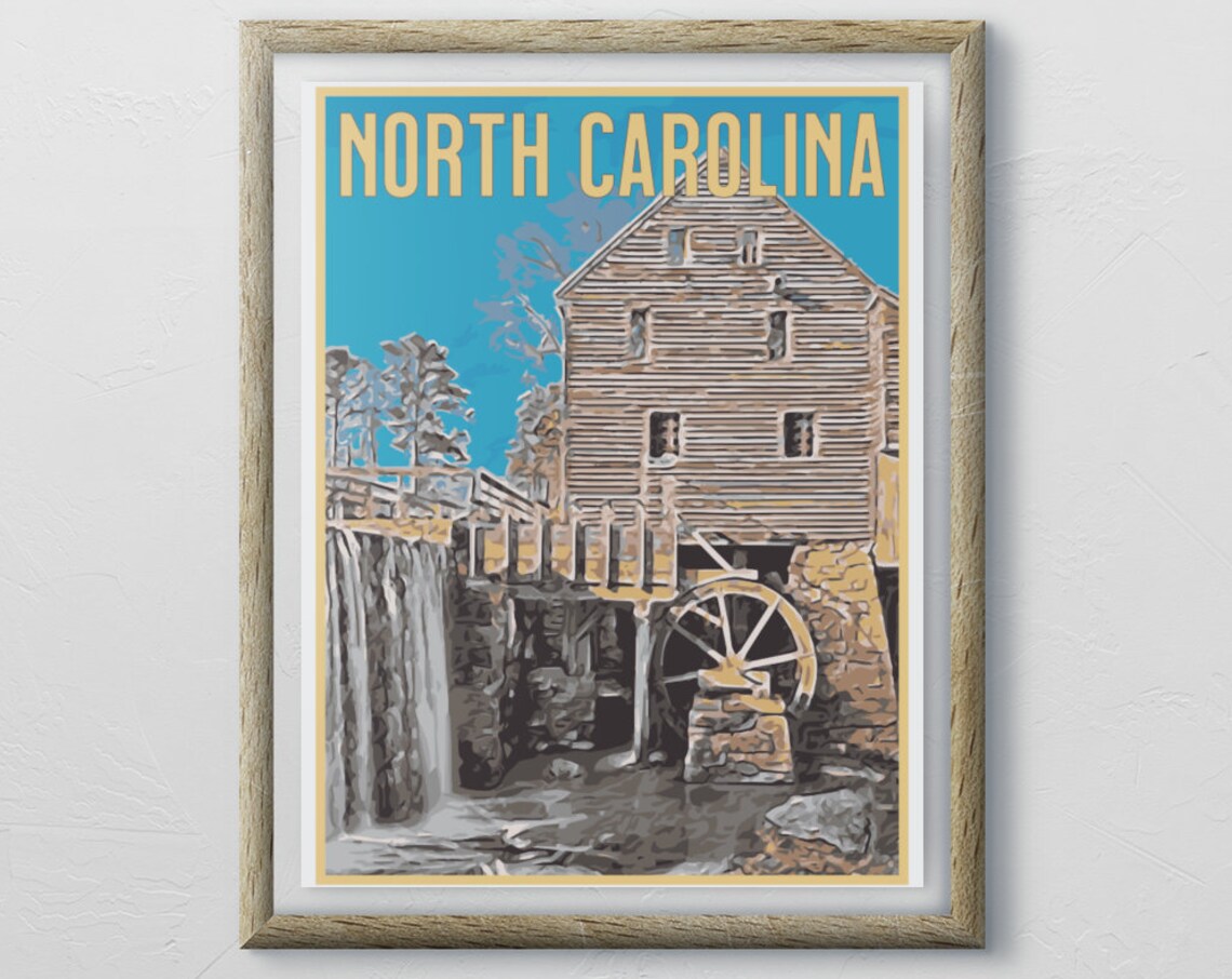 North Carolina Historic Watermill Waterwheel Vintage Travel Poster