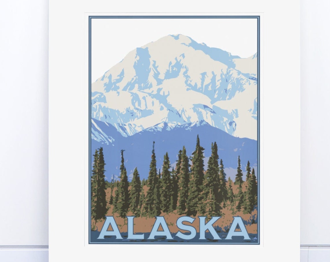 Alaska Denali Snow Capped Mountain Pines Vintage Travel Poster