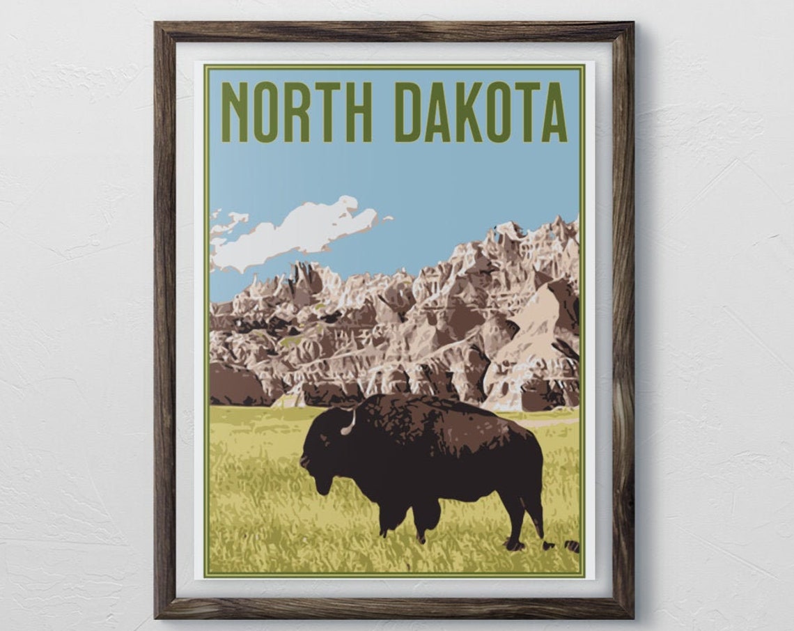 North Dakota Badlands Bison Prairie Wildlife Vintage Travel Poster