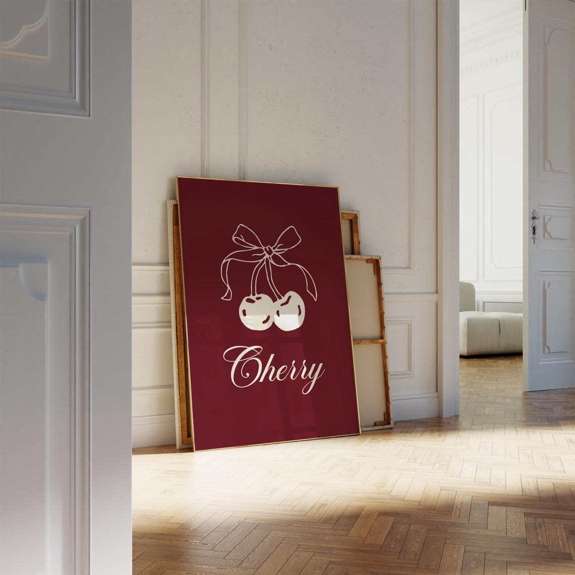 Cherry Burgundy Cream Fruit Bow Retro Kitchen Wall Art Print - Image 4