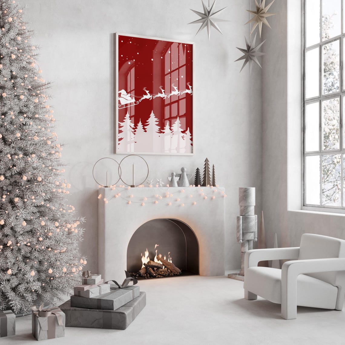 Red Christmas Santa Sleigh Reindeer Snow Holiday Minimalist Poster - Image 3