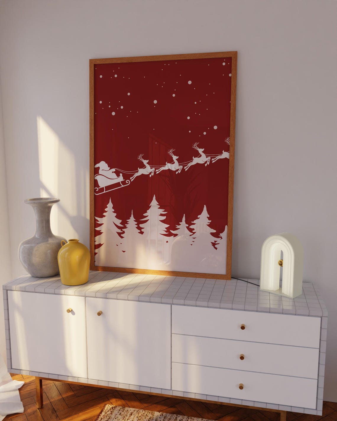 Red Christmas Santa Sleigh Reindeer Snow Holiday Minimalist Poster - Image 4