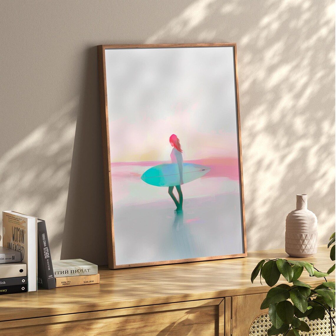 Surfer Girl Painting Surfer Girl Wall Art Preppy Coastal Room Art Summer Sunset Poster Vibrant Surfer Poster - Image 6