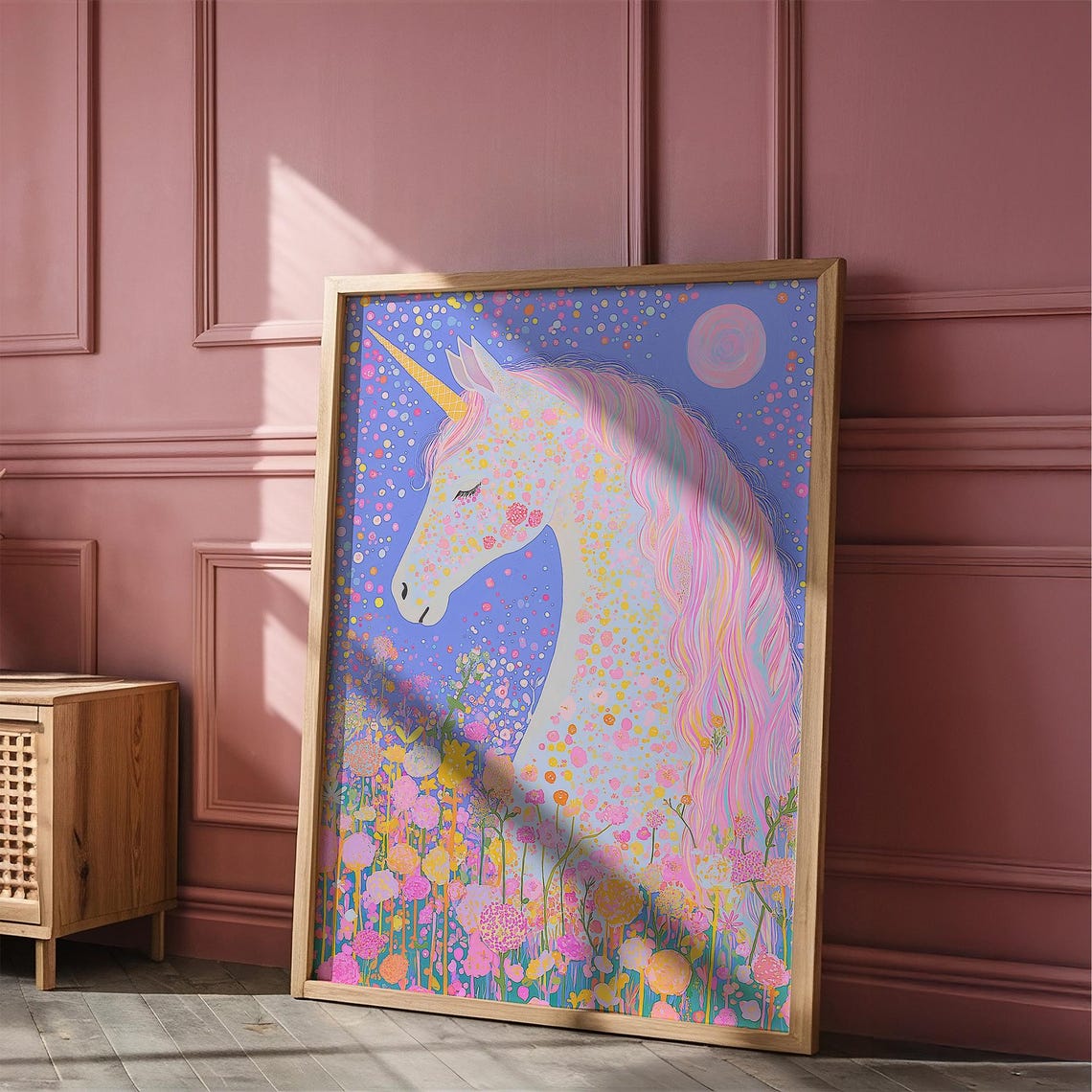 White Unicorn in Starry Night Flower Garden Pink Moon Fantasy Poster - Image 5