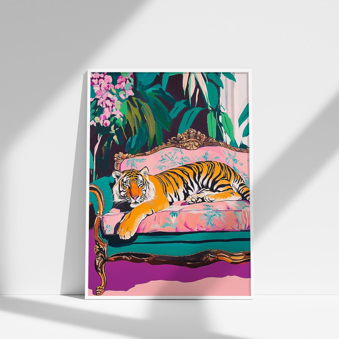 Bold Tiger Lounging on Pink Vintage Sofa in Tropical Jungle Poster - Image 3