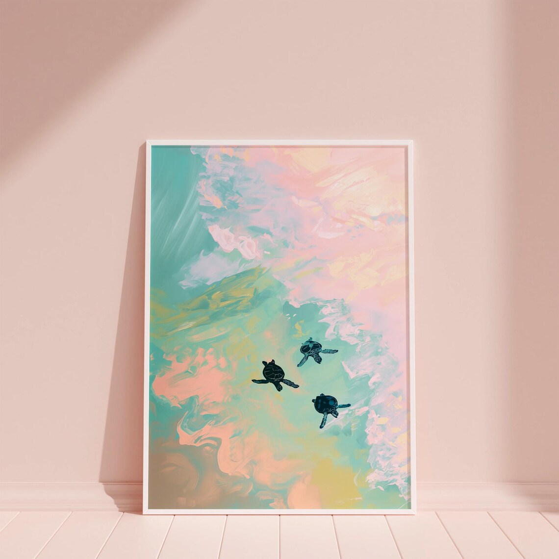 Sea Turtles Swimming in Pastel Ocean Aerial Impressionist Poster - Image 6