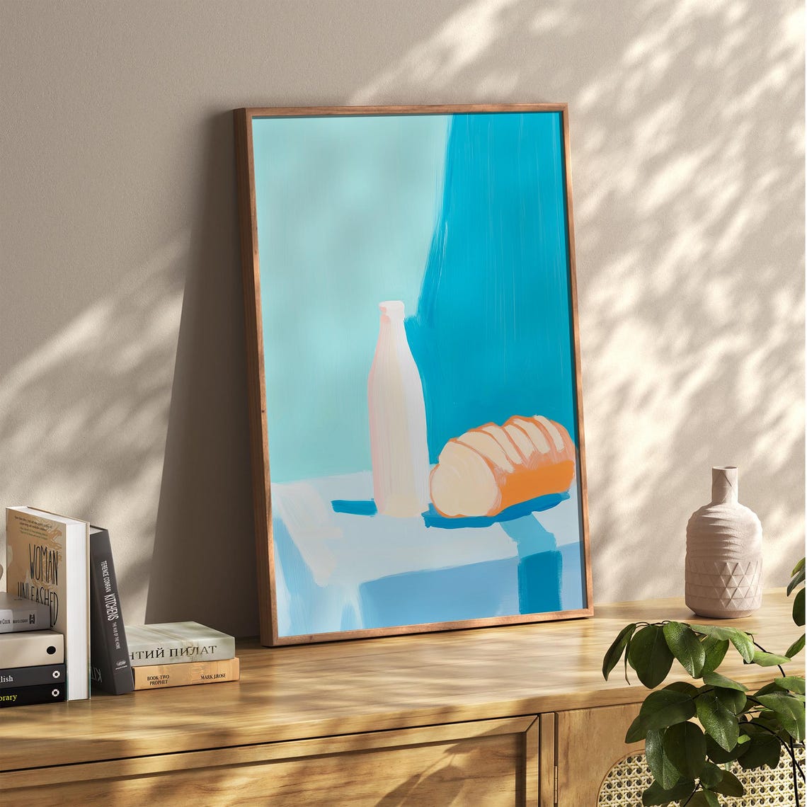 Milk Bottle and Bread Loaf Minimal Turquoise Kitchen Art Poster - Image 2