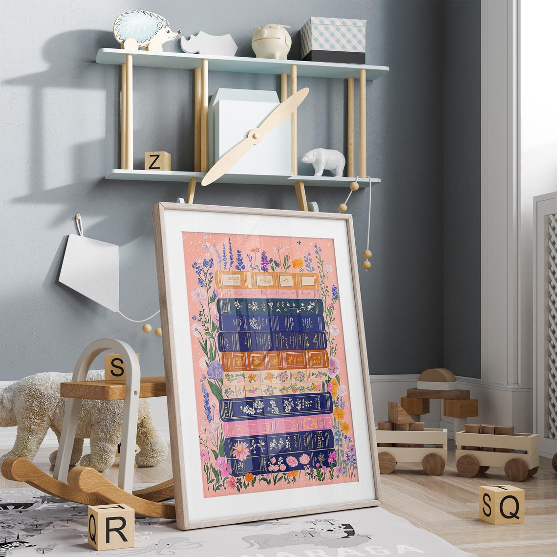 Wildflower Book Stack Reading Nook Colorful Library Lover Wall Art - Image 3