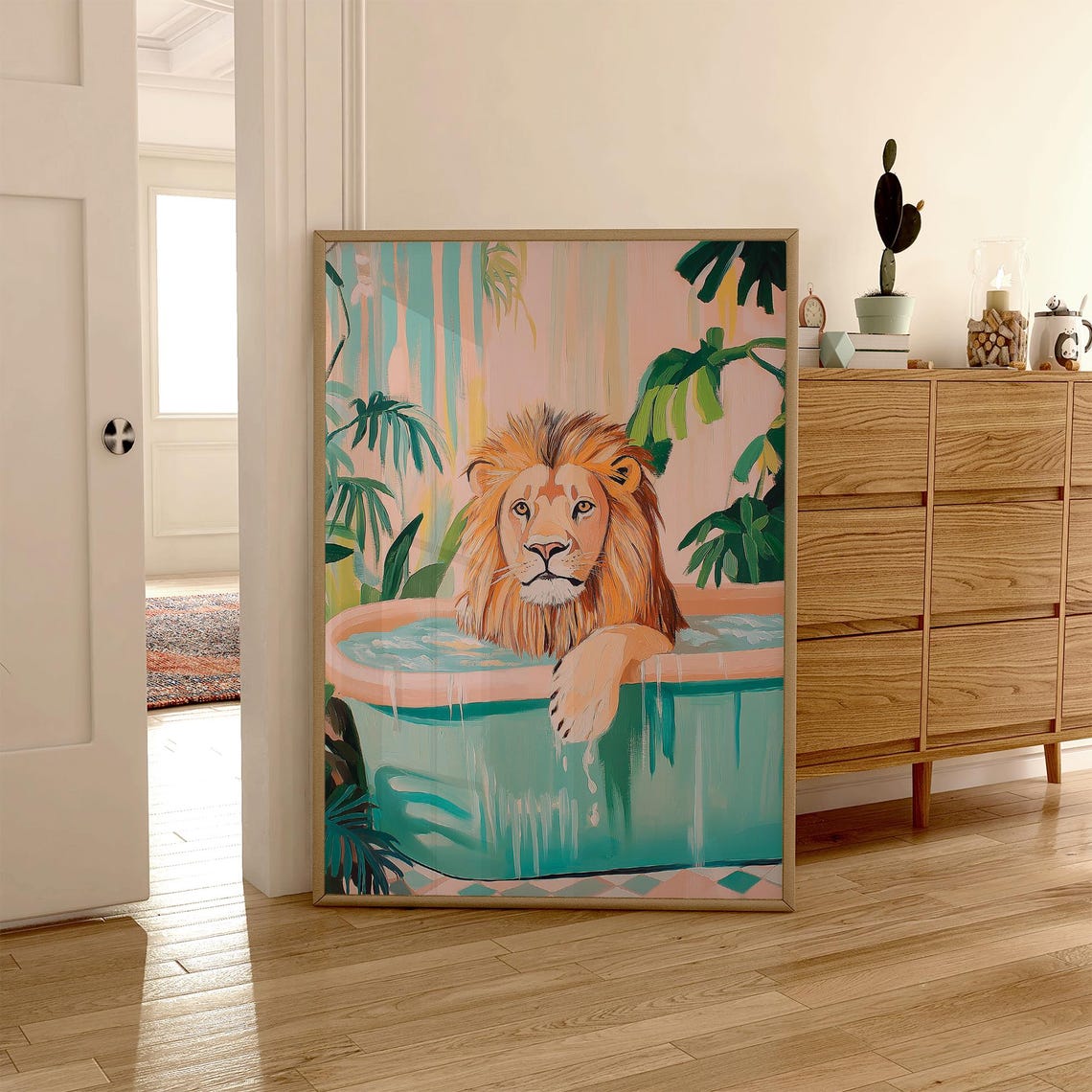 Lion Relaxing in Turquoise Bathtub Tropical Pastel Bathroom Poster - Image 6