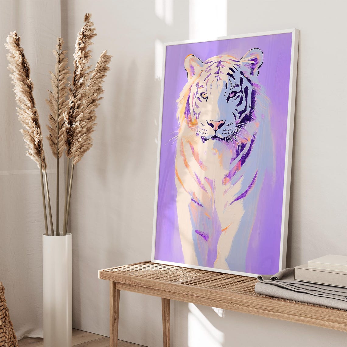 White Tiger Portrait Lavender Background Big Cat Wildlife Poster - Image 2